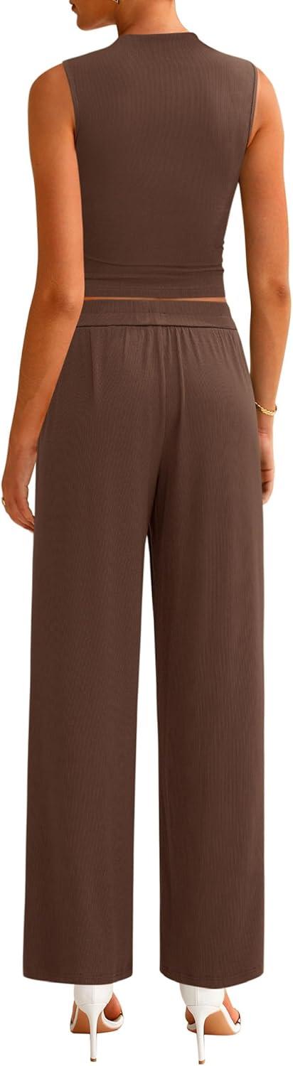 imagePRETTYGARDEN 2 Piece Sets for Women Summer 2025 Airport Travel Outfits Crop Tank Tops Wide Leg Pants Matching Lounge Sets CoffeeLarge