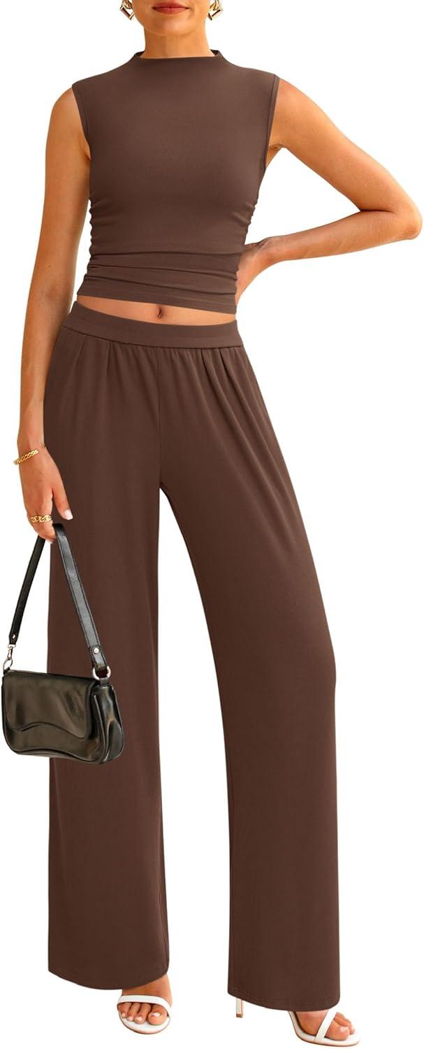 imagePRETTYGARDEN 2 Piece Sets for Women Summer 2025 Airport Travel Outfits Crop Tank Tops Wide Leg Pants Matching Lounge Sets CoffeeLarge
