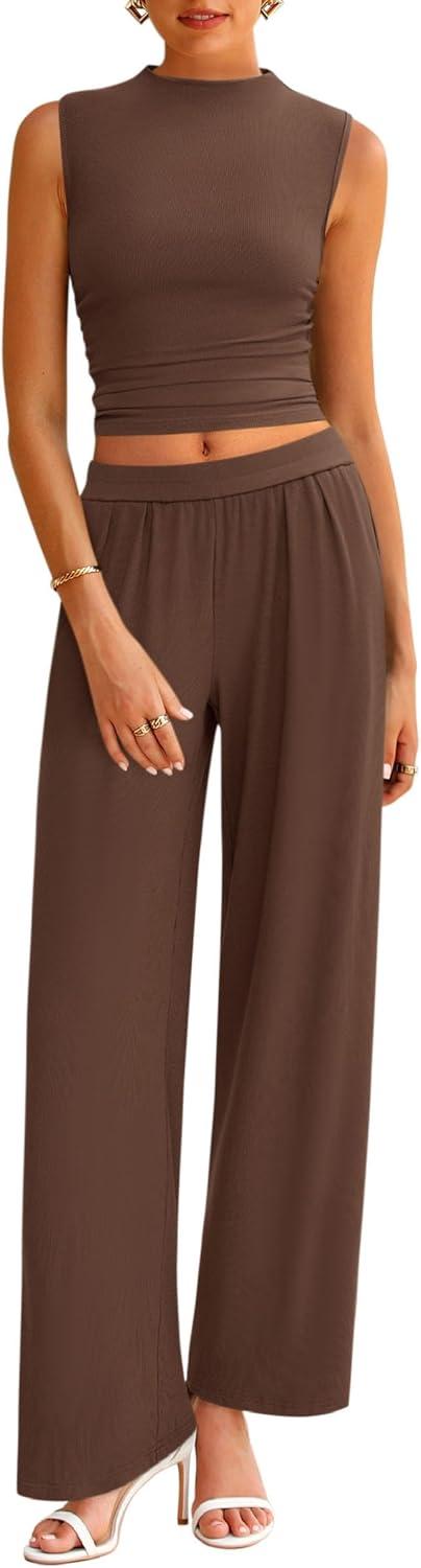 imagePRETTYGARDEN 2 Piece Sets for Women Summer 2025 Airport Travel Outfits Crop Tank Tops Wide Leg Pants Matching Lounge Sets CoffeeLarge