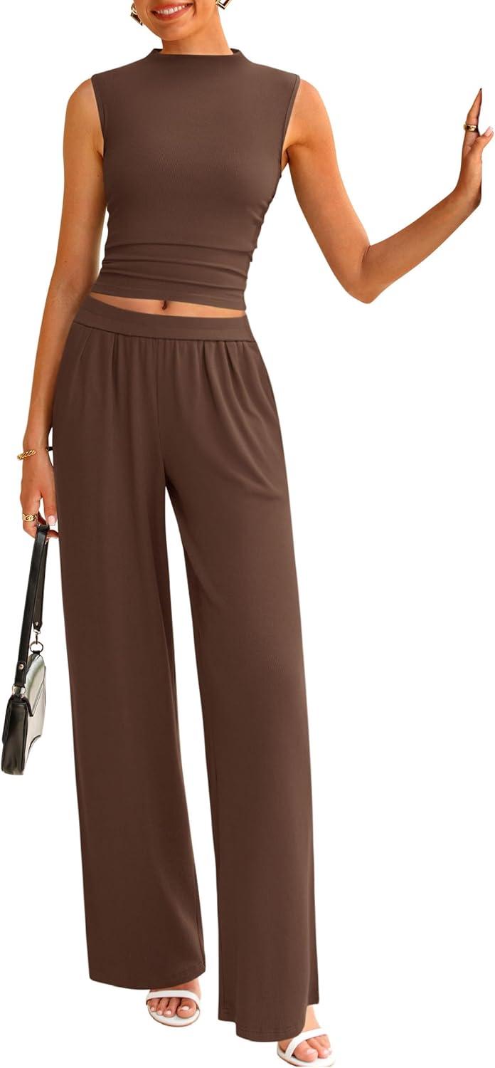 imagePRETTYGARDEN 2 Piece Sets for Women Summer 2025 Airport Travel Outfits Crop Tank Tops Wide Leg Pants Matching Lounge Sets CoffeeLarge