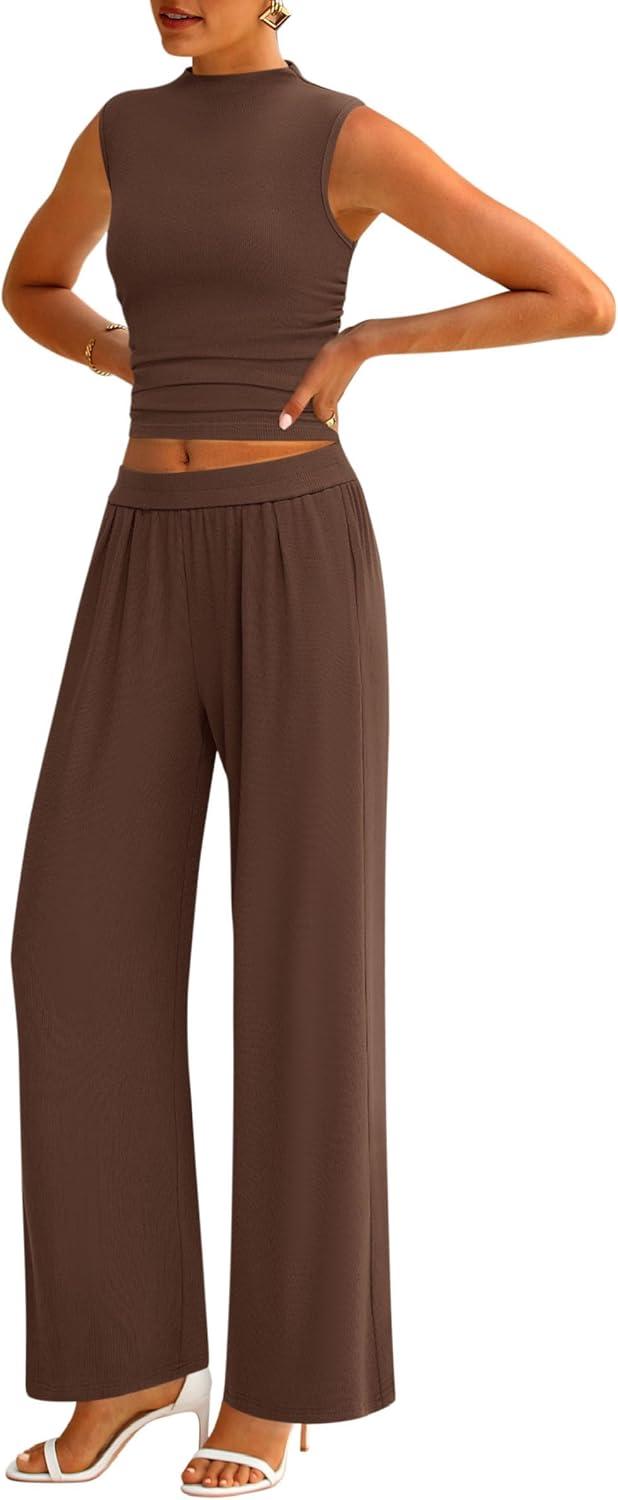 imagePRETTYGARDEN 2 Piece Sets for Women Summer 2025 Airport Travel Outfits Crop Tank Tops Wide Leg Pants Matching Lounge Sets CoffeeLarge