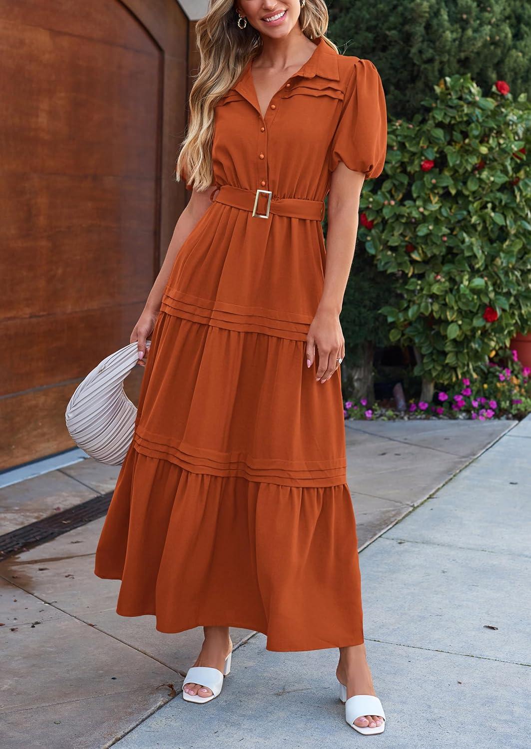 imagePRETTYGARDEN Summer Maxi Dresses for Women Puff Short Sleeve Lapel V Neck Belt Tiered A Line Ruffle Flowy Elegant Party Dress Brick RedLarge