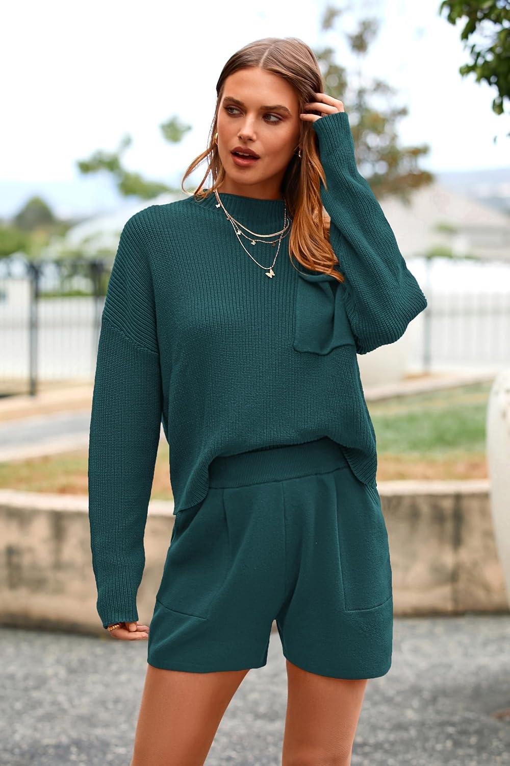 imagePRETTYGARDEN Women 2 Piece Tracksuit Set Casual Long Sleeve Pullover Top Lounge Shorts Knitted Sweater Outfit Blue GreenLarge