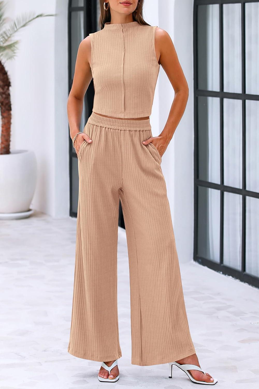 imagePRETTYGARDEN Womens 2 Piece Lounge Sets Ribbed Knit Tank Tops Wide Leg Pants Matching Outfits KhakiSmall