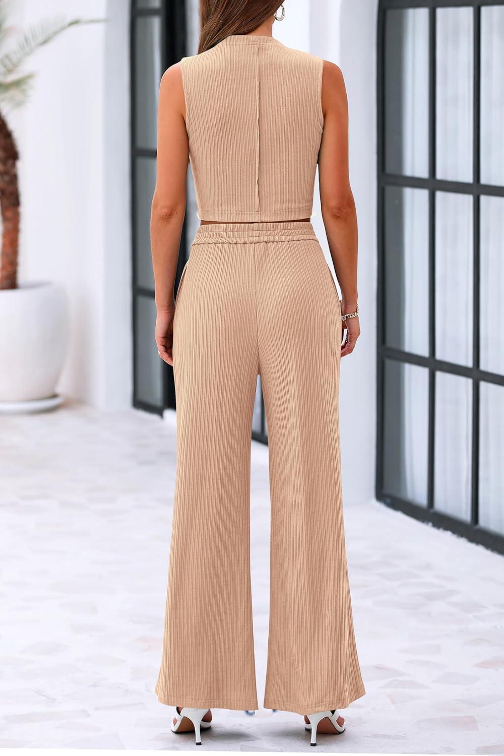 imagePRETTYGARDEN Womens 2 Piece Lounge Sets Ribbed Knit Tank Tops Wide Leg Pants Matching Outfits KhakiSmall