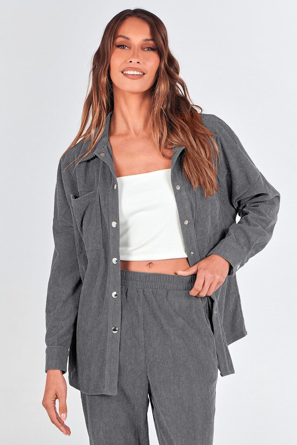 imagePRETTYGARDEN Womens 2 Piece Outfits Casual Corduroy Long Sleeve Button Down Jacket and Pants Tracksuit with Pockets
