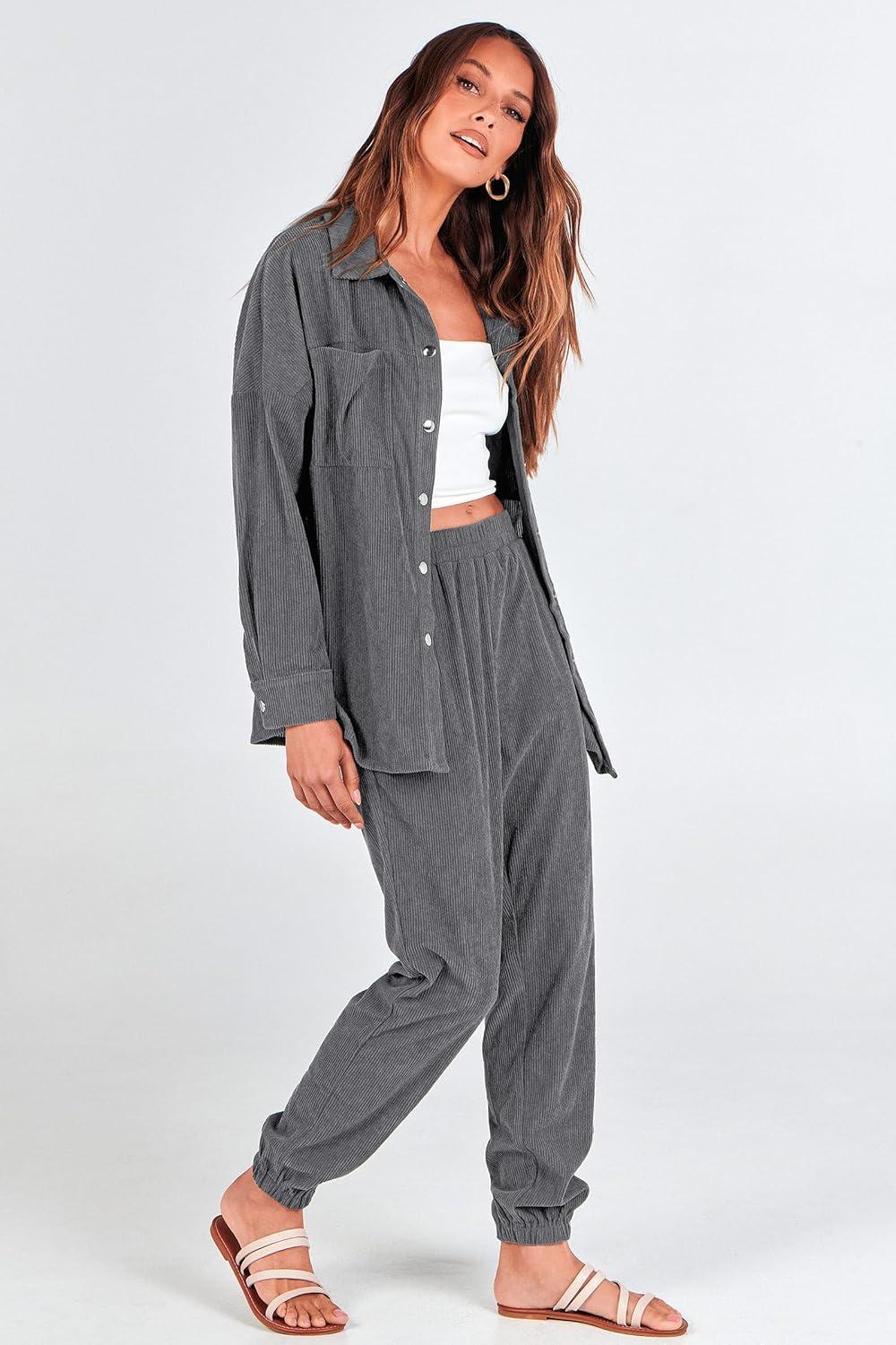 imagePRETTYGARDEN Womens 2 Piece Outfits Casual Corduroy Long Sleeve Button Down Jacket and Pants Tracksuit with Pockets
