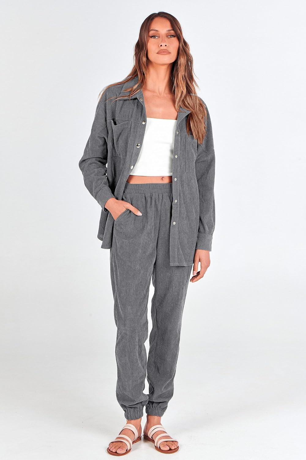 imagePRETTYGARDEN Womens 2 Piece Outfits Casual Corduroy Long Sleeve Button Down Jacket and Pants Tracksuit with Pockets