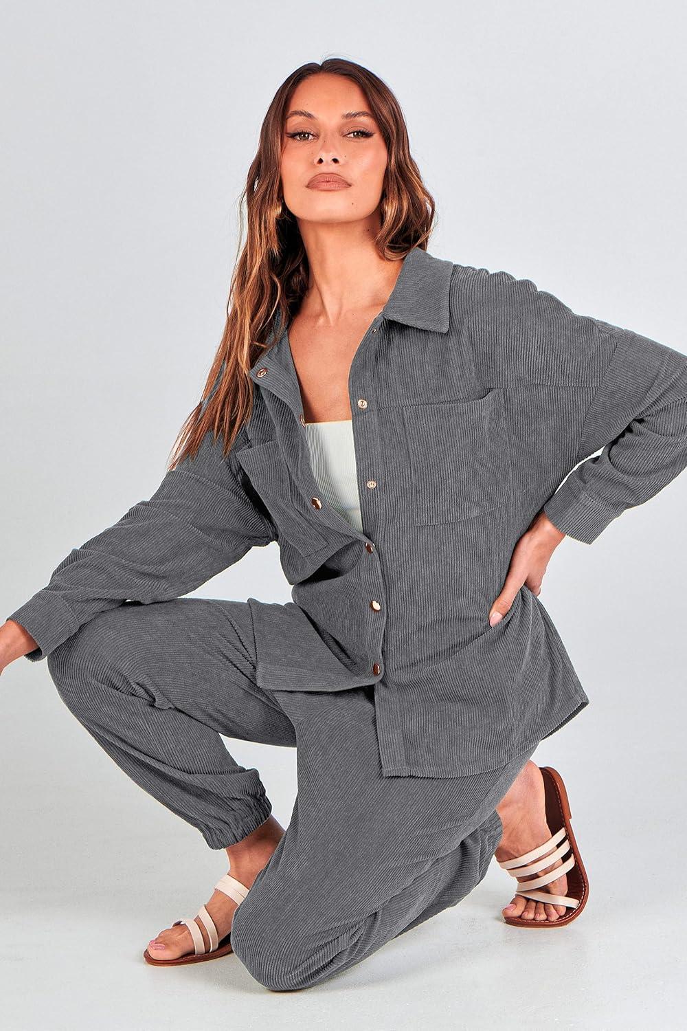 imagePRETTYGARDEN Womens 2 Piece Outfits Casual Corduroy Long Sleeve Button Down Jacket and Pants Tracksuit with Pockets