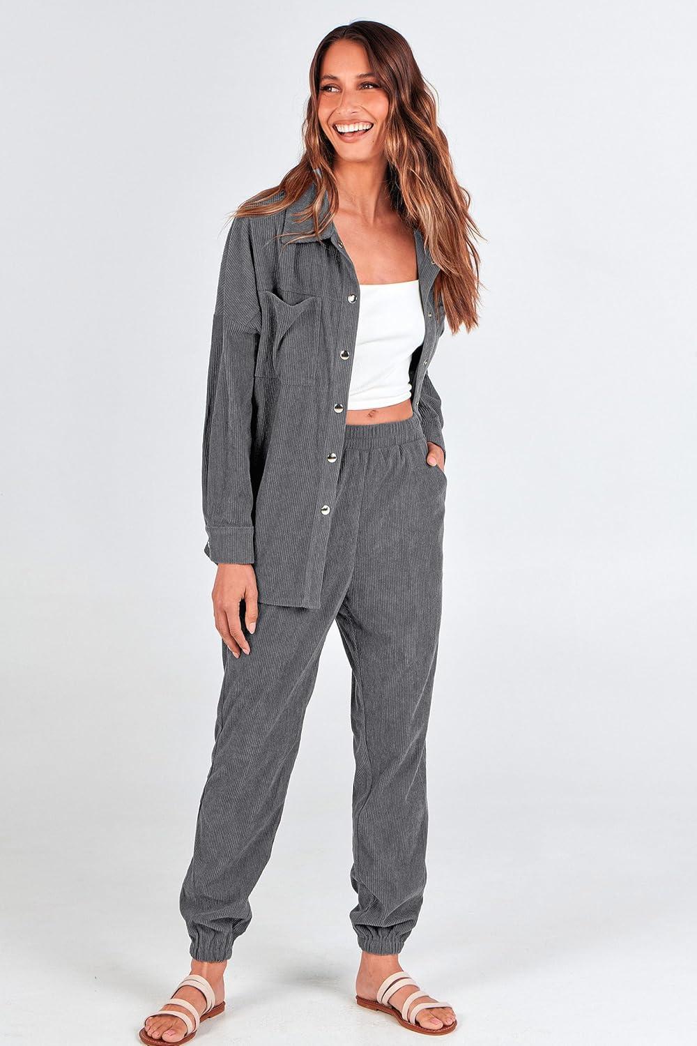 imagePRETTYGARDEN Womens 2 Piece Outfits Casual Corduroy Long Sleeve Button Down Jacket and Pants Tracksuit with Pockets
