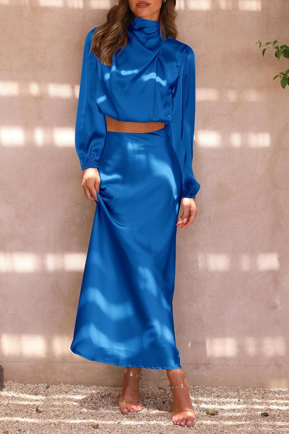 imagePRETTYGARDEN Womens 2 Piece Satin Outfit Long Sleeve Mock Neck Crop Top Blouse High Waisted Maxi Skirt Dress Set