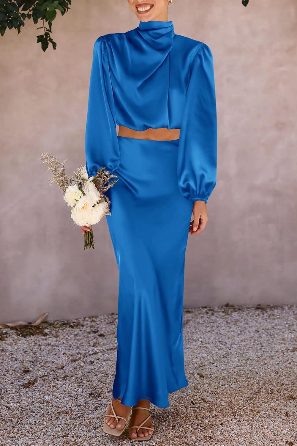 imagePRETTYGARDEN Womens 2 Piece Satin Outfit Long Sleeve Mock Neck Crop Top Blouse High Waisted Maxi Skirt Dress Set