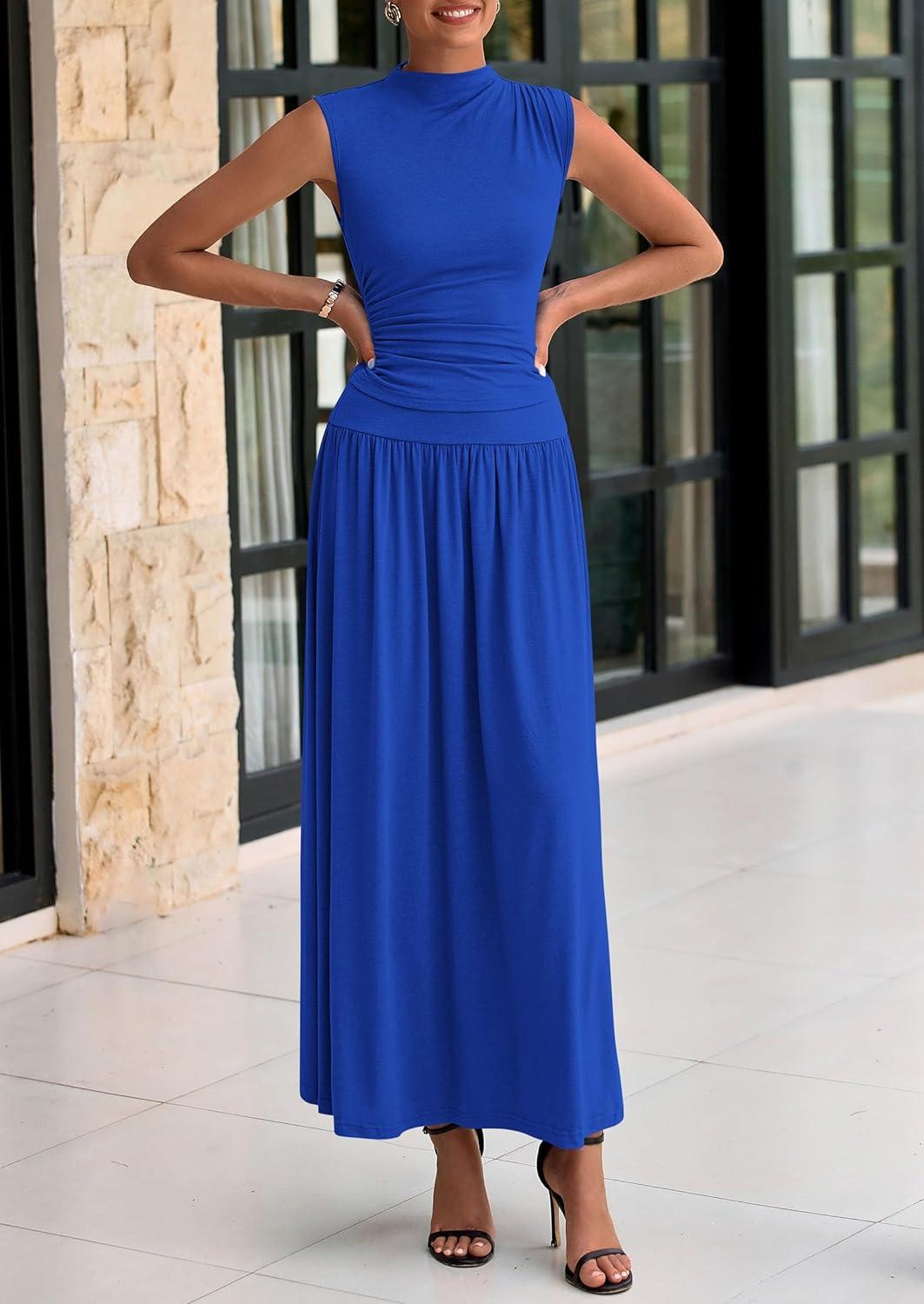imagePRETTYGARDEN Womens 2 Piece Skirt Set 2025 Summer Ruched Tank Tops Ruffle Maxi Skirts Wedding Guest Matching Outfits Royal BlueMedium