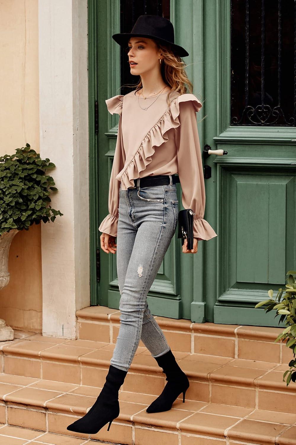 imagePRETTYGARDEN Womens 2023 Spring Clothes Ruffle Trim Shirts Long Sleeve Round Neck Casual Plain Tops Blouse ApricotMedium