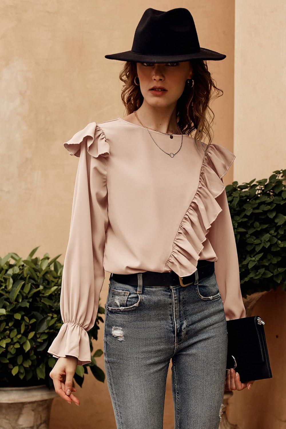 imagePRETTYGARDEN Womens 2023 Spring Clothes Ruffle Trim Shirts Long Sleeve Round Neck Casual Plain Tops Blouse ApricotMedium