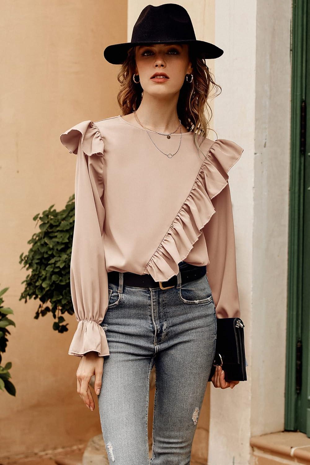 imagePRETTYGARDEN Womens 2023 Spring Clothes Ruffle Trim Shirts Long Sleeve Round Neck Casual Plain Tops Blouse ApricotMedium