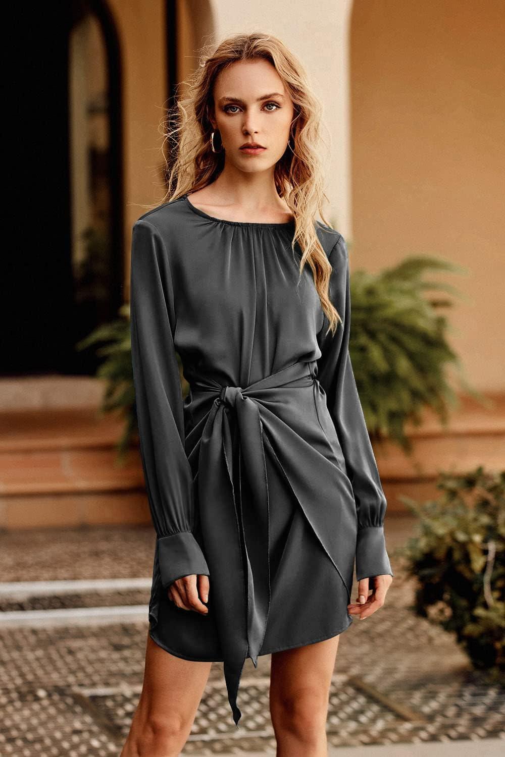 imagePRETTYGARDEN Womens 2023 Spring Satin Dress Long Sleeve Tie Waist Elegant Cocktail Party Mini DressesBlack
