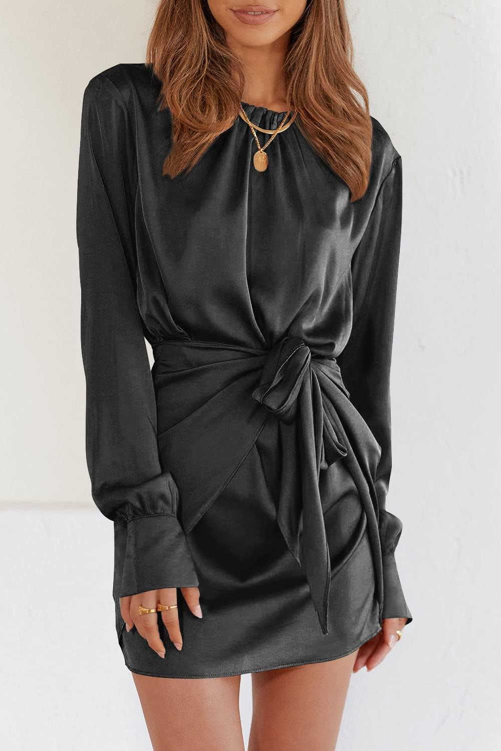 imagePRETTYGARDEN Womens 2023 Spring Satin Dress Long Sleeve Tie Waist Elegant Cocktail Party Mini DressesBlack