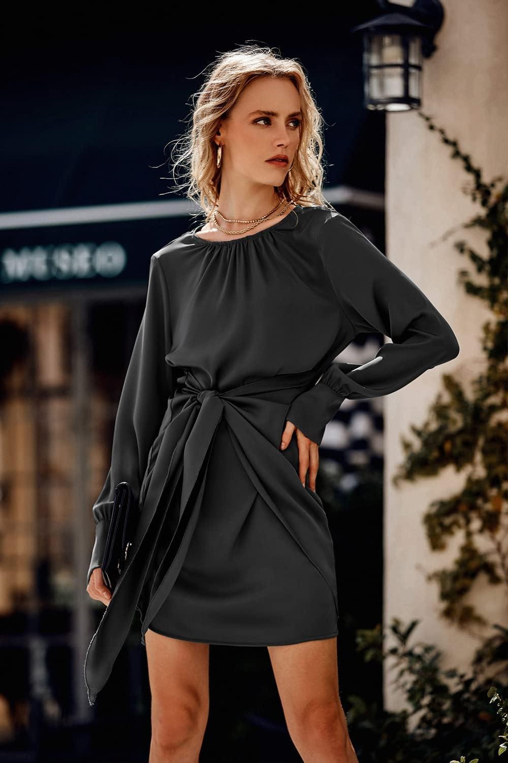 imagePRETTYGARDEN Womens 2023 Spring Satin Dress Long Sleeve Tie Waist Elegant Cocktail Party Mini DressesBlack