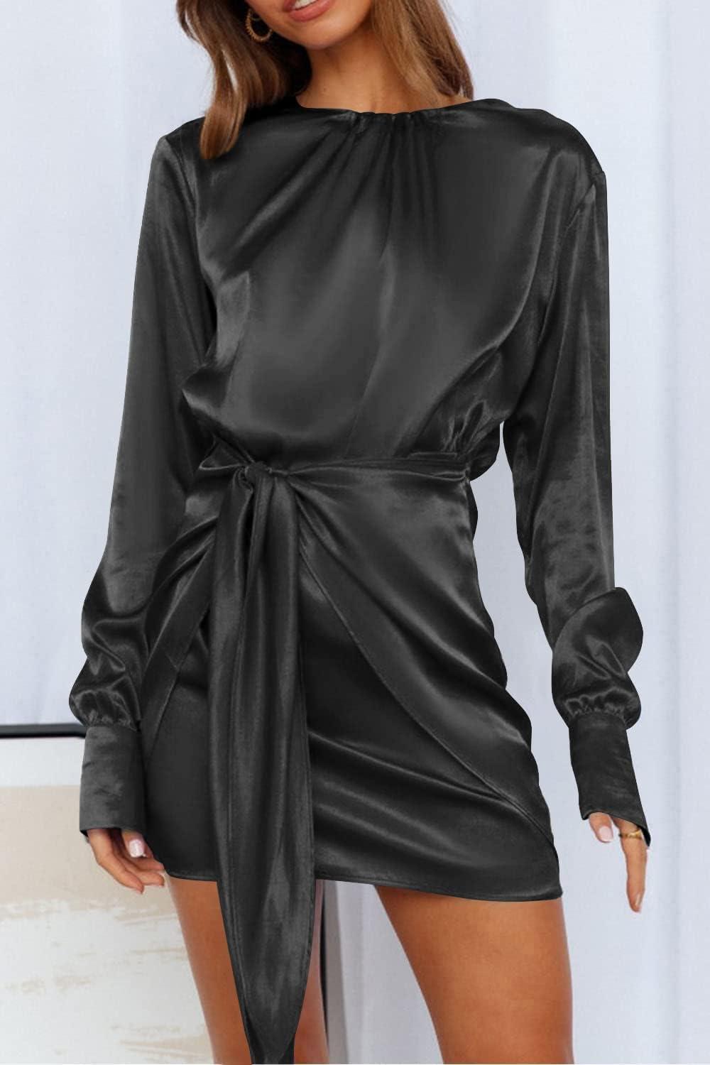 imagePRETTYGARDEN Womens 2023 Spring Satin Dress Long Sleeve Tie Waist Elegant Cocktail Party Mini DressesBlack
