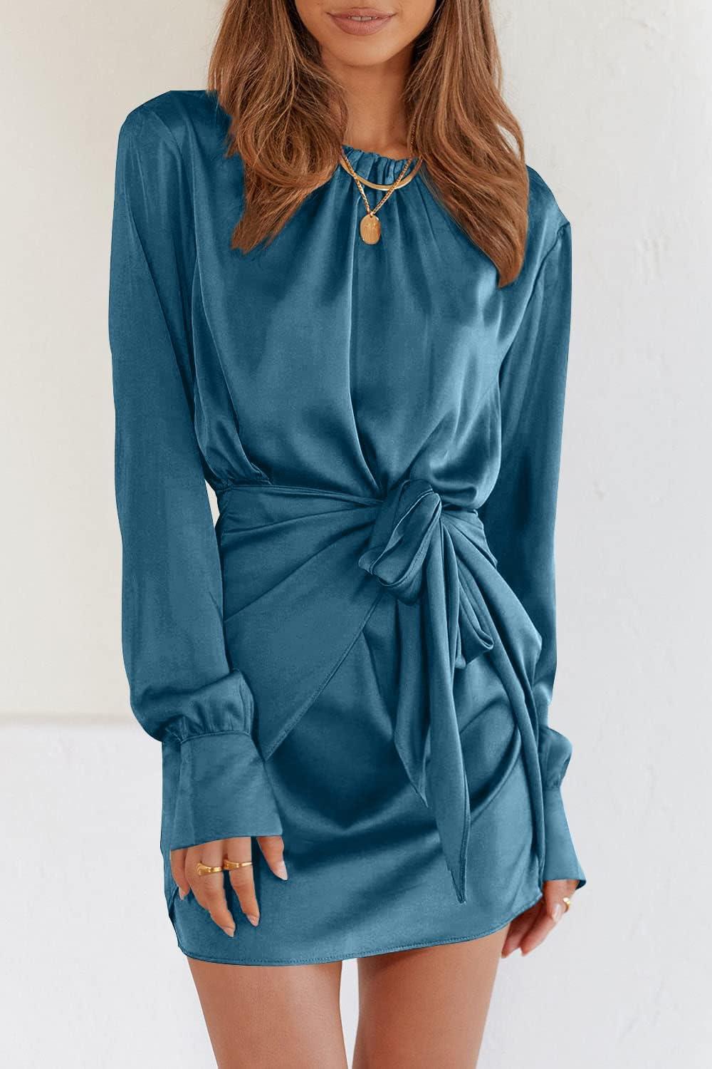 imagePRETTYGARDEN Womens 2023 Spring Satin Dress Long Sleeve Tie Waist Elegant Cocktail Party Mini DressesDark Blue