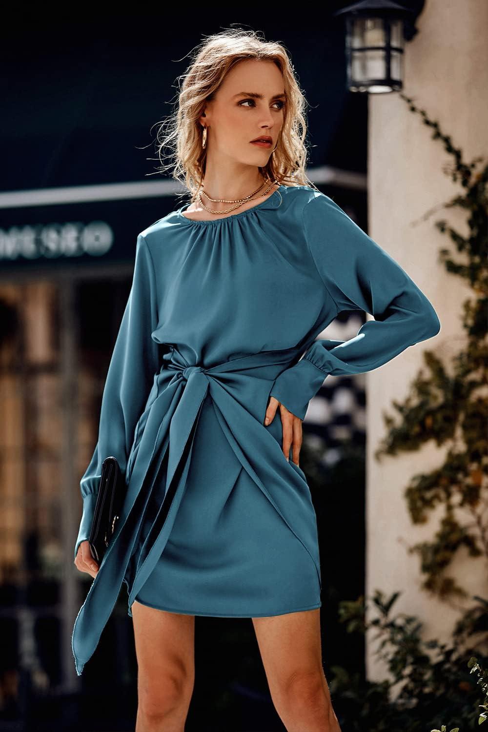 imagePRETTYGARDEN Womens 2023 Spring Satin Dress Long Sleeve Tie Waist Elegant Cocktail Party Mini DressesDark Blue