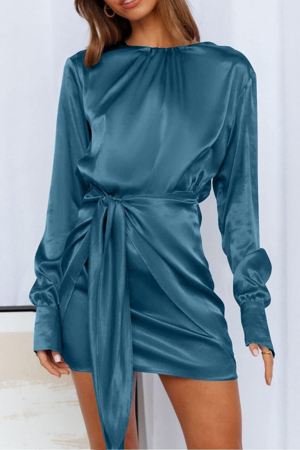 imagePRETTYGARDEN Womens 2023 Spring Satin Dress Long Sleeve Tie Waist Elegant Cocktail Party Mini DressesDark Blue