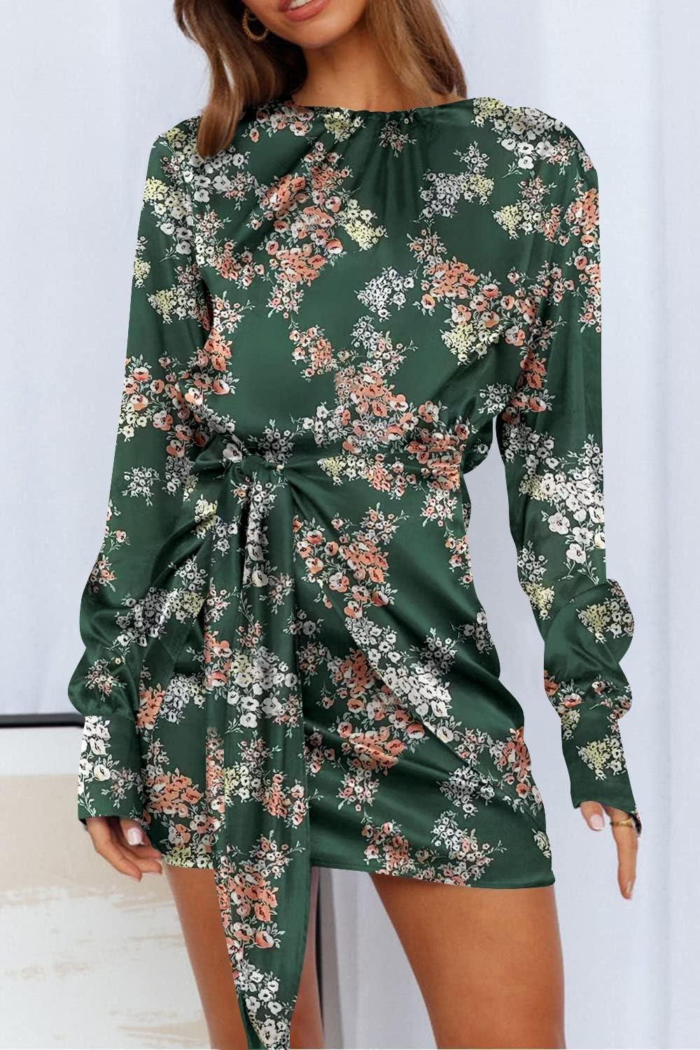 imagePRETTYGARDEN Womens 2023 Spring Satin Dress Long Sleeve Tie Waist Elegant Cocktail Party Mini DressesPrint Dark Green Pink Floral