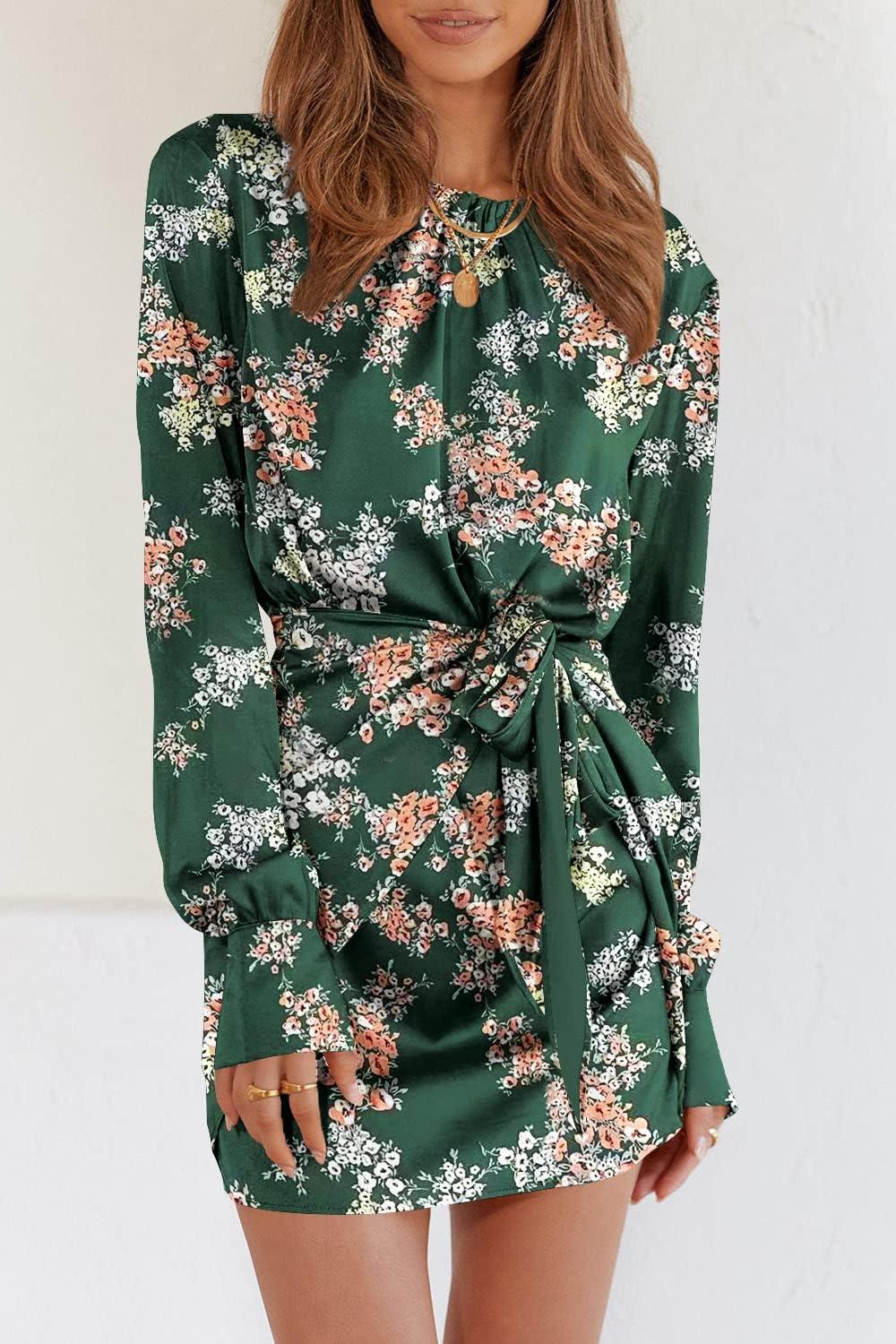 imagePRETTYGARDEN Womens 2023 Spring Satin Dress Long Sleeve Tie Waist Elegant Cocktail Party Mini DressesPrint Dark Green Pink Floral