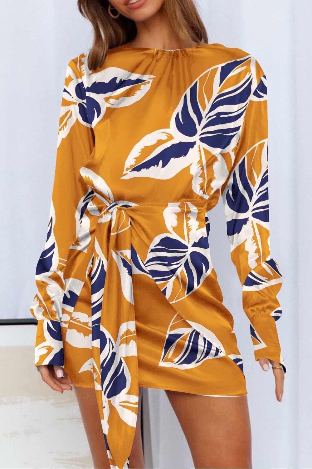 imagePRETTYGARDEN Womens 2023 Spring Satin Dress Long Sleeve Tie Waist Elegant Cocktail Party Mini DressesPrint Yellow Big Leaves