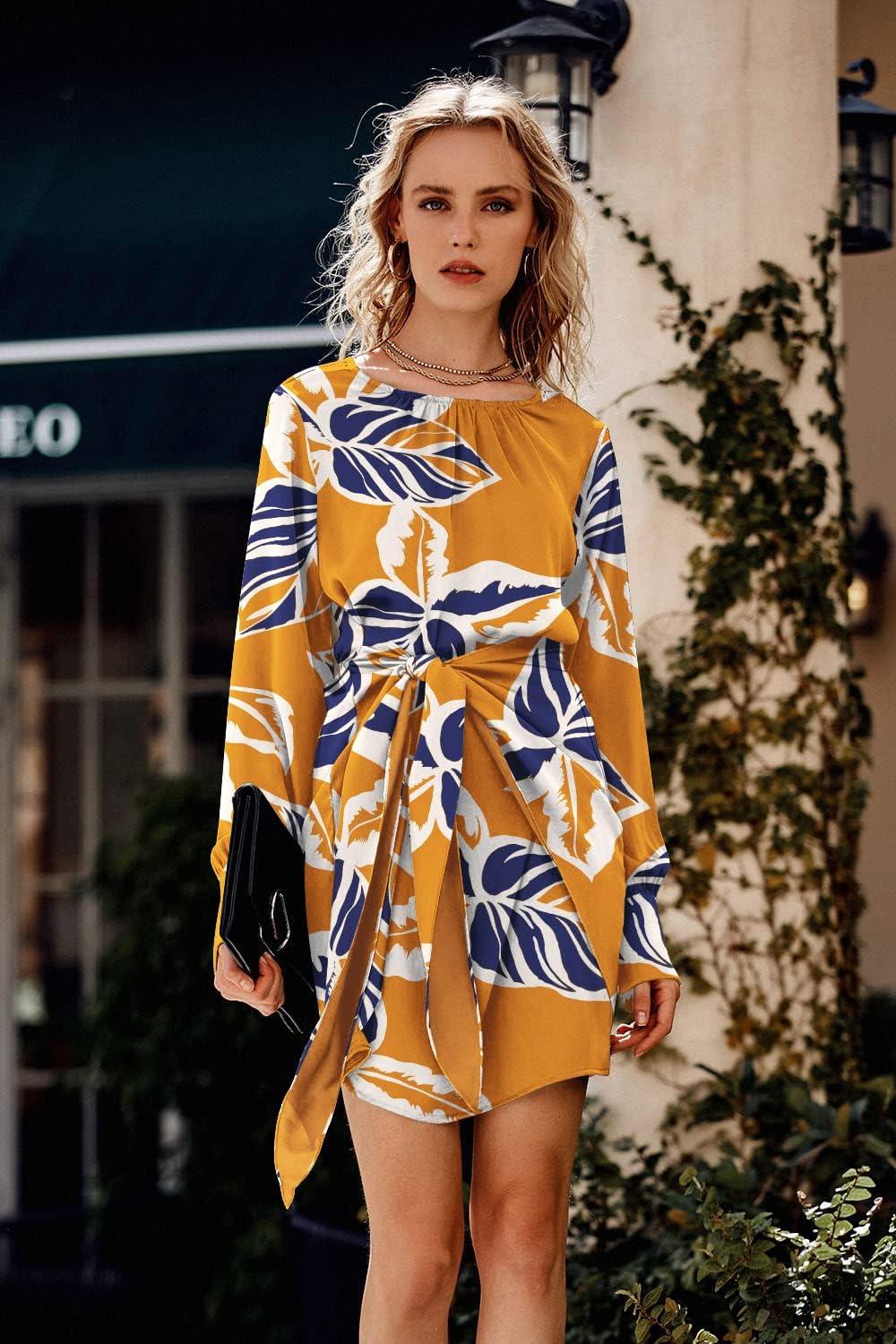 imagePRETTYGARDEN Womens 2023 Spring Satin Dress Long Sleeve Tie Waist Elegant Cocktail Party Mini DressesPrint Yellow Big Leaves