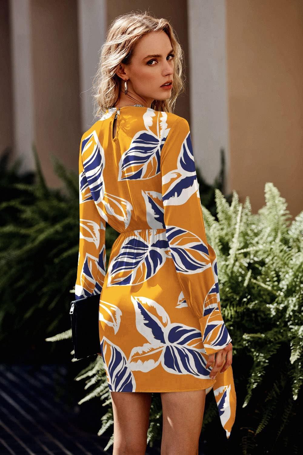 imagePRETTYGARDEN Womens 2023 Spring Satin Dress Long Sleeve Tie Waist Elegant Cocktail Party Mini DressesPrint Yellow Big Leaves