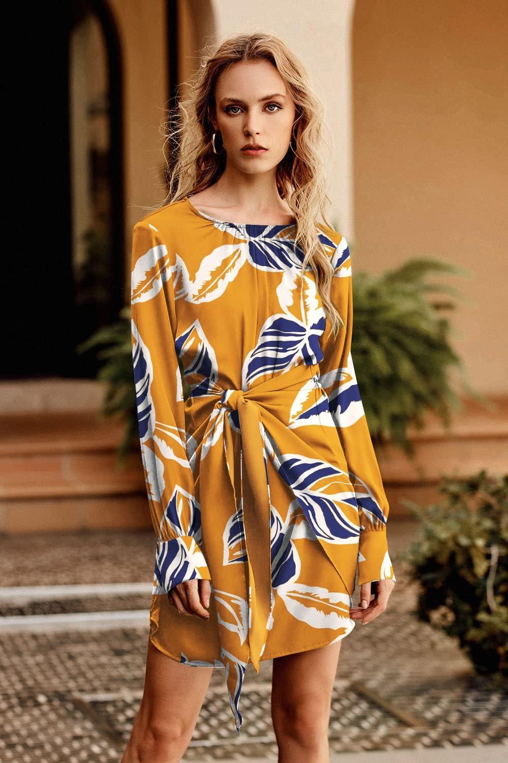 imagePRETTYGARDEN Womens 2023 Spring Satin Dress Long Sleeve Tie Waist Elegant Cocktail Party Mini DressesPrint Yellow Big Leaves