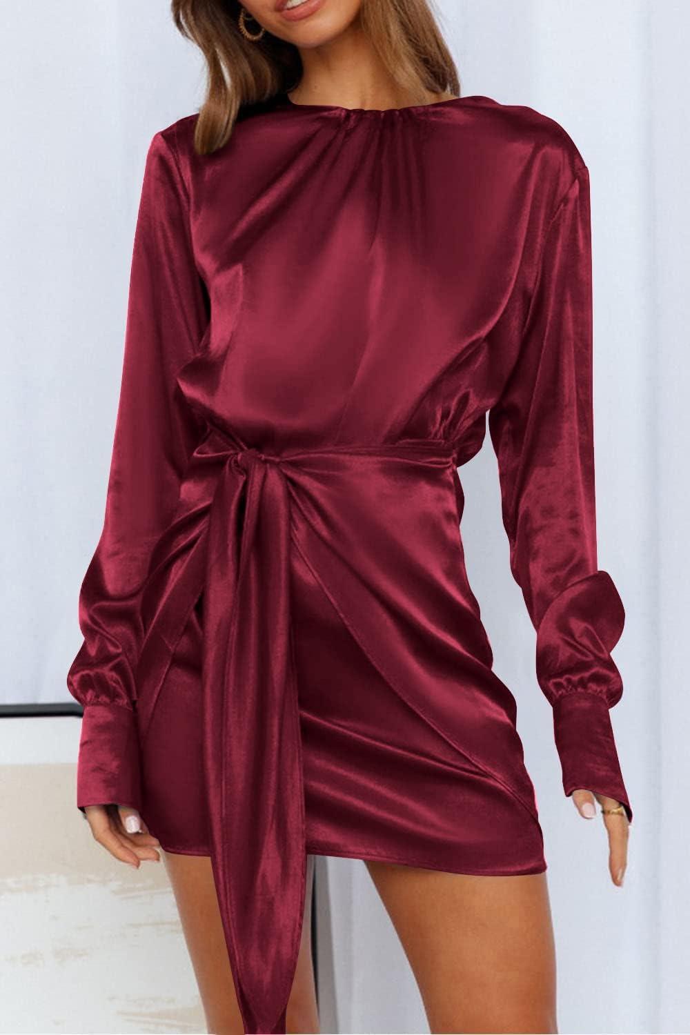imagePRETTYGARDEN Womens 2023 Spring Satin Dress Long Sleeve Tie Waist Elegant Cocktail Party Mini DressesWine Red