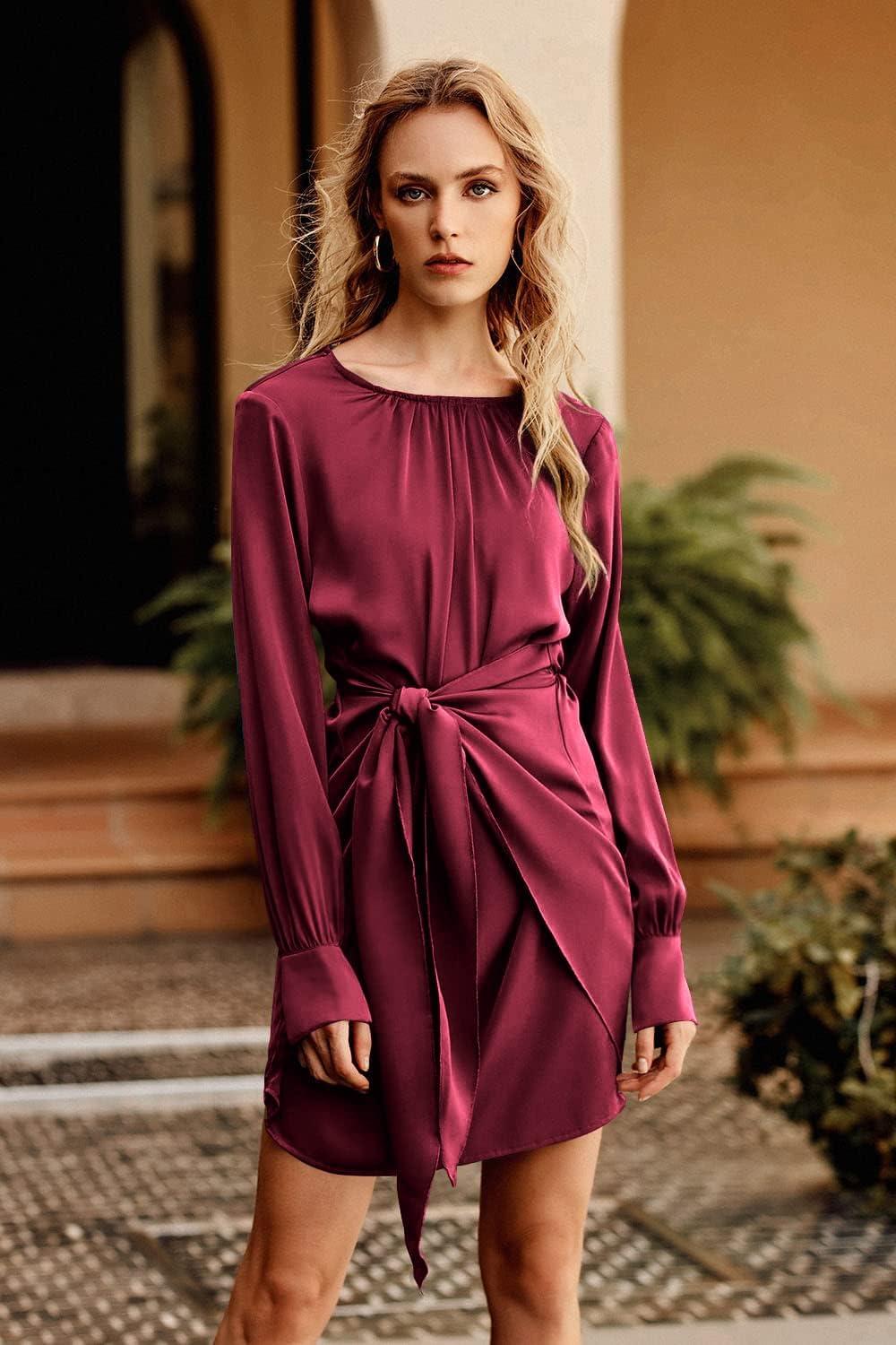 imagePRETTYGARDEN Womens 2023 Spring Satin Dress Long Sleeve Tie Waist Elegant Cocktail Party Mini DressesWine Red