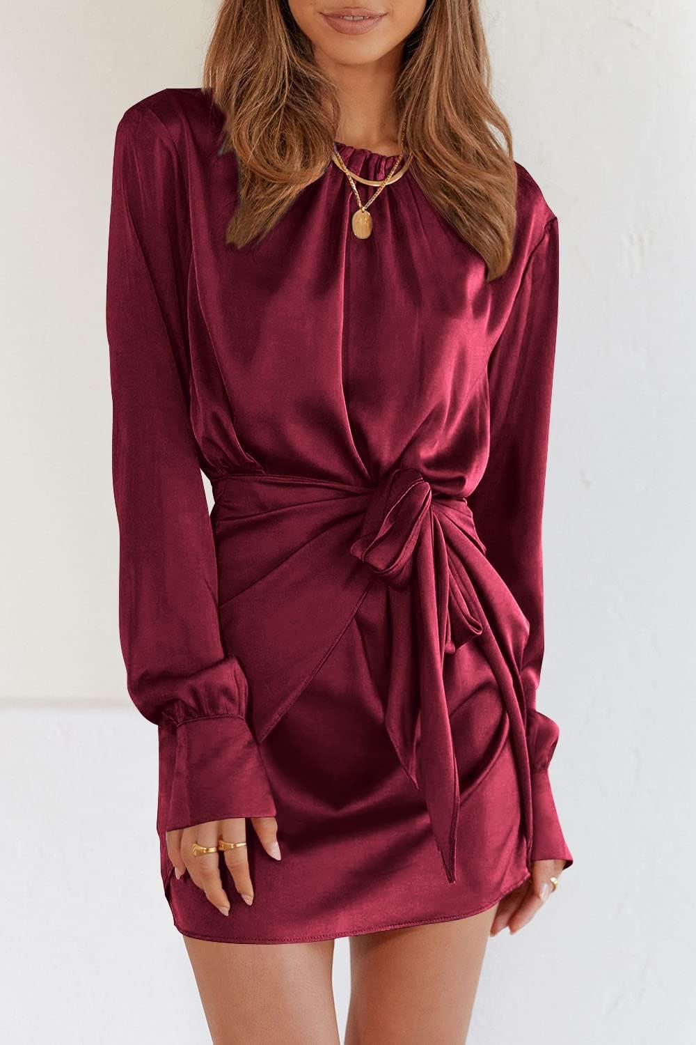 imagePRETTYGARDEN Womens 2023 Spring Satin Dress Long Sleeve Tie Waist Elegant Cocktail Party Mini DressesWine Red