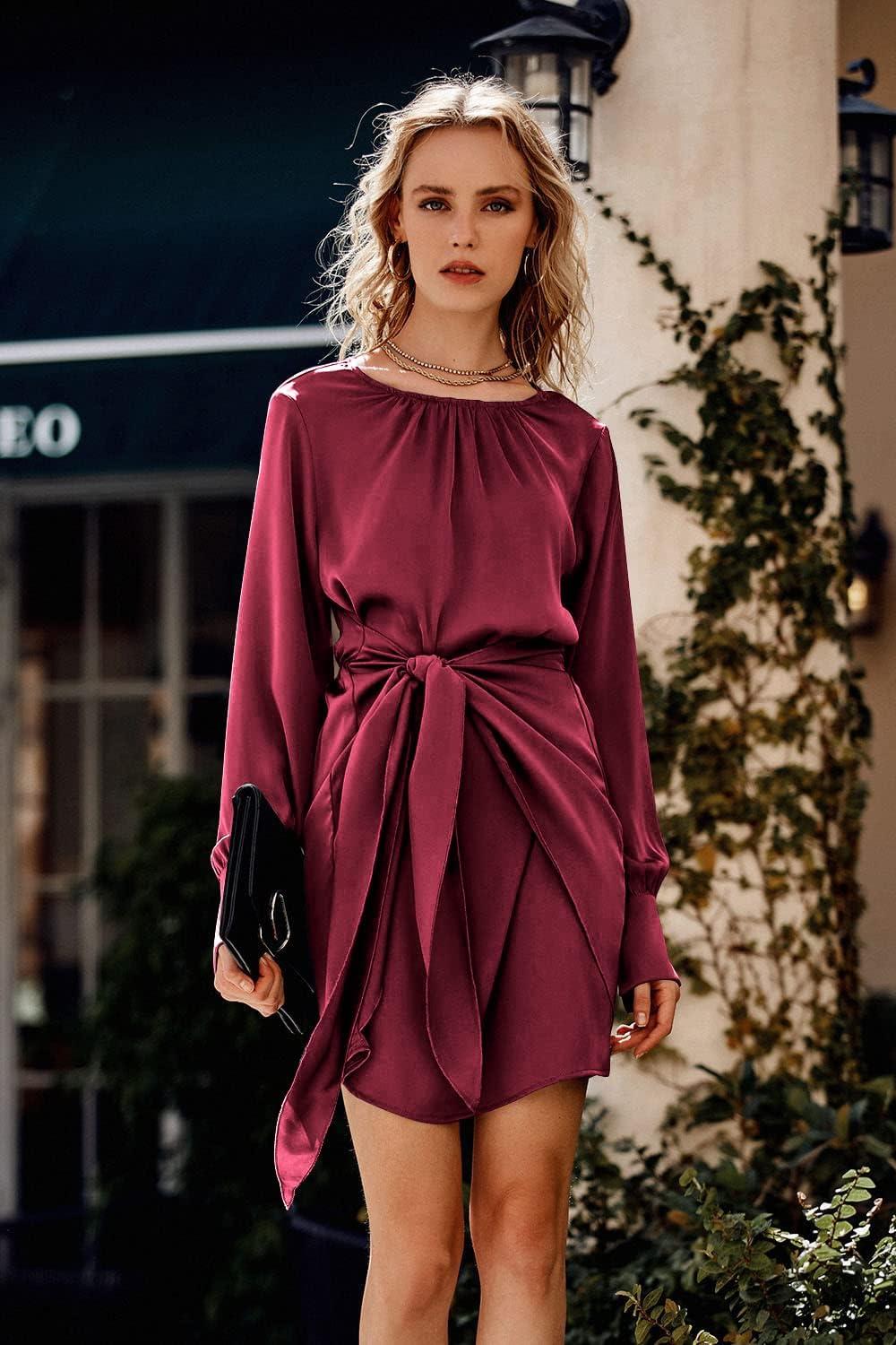 imagePRETTYGARDEN Womens 2023 Spring Satin Dress Long Sleeve Tie Waist Elegant Cocktail Party Mini DressesWine Red
