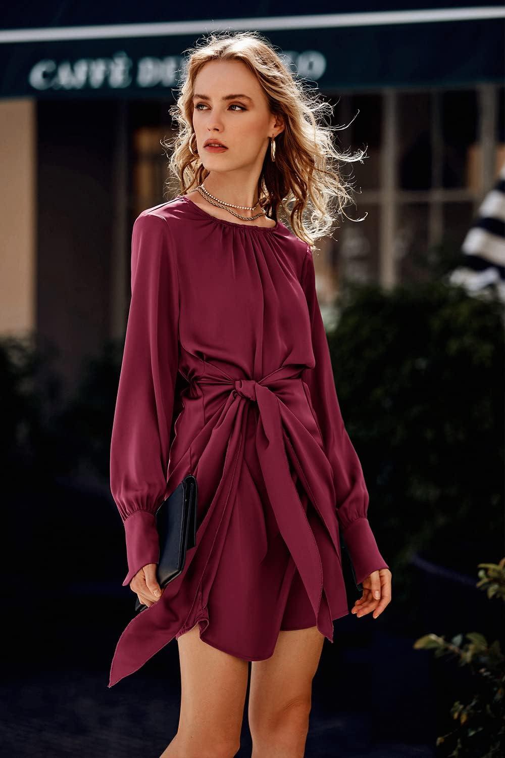 imagePRETTYGARDEN Womens 2023 Spring Satin Dress Long Sleeve Tie Waist Elegant Cocktail Party Mini DressesWine Red