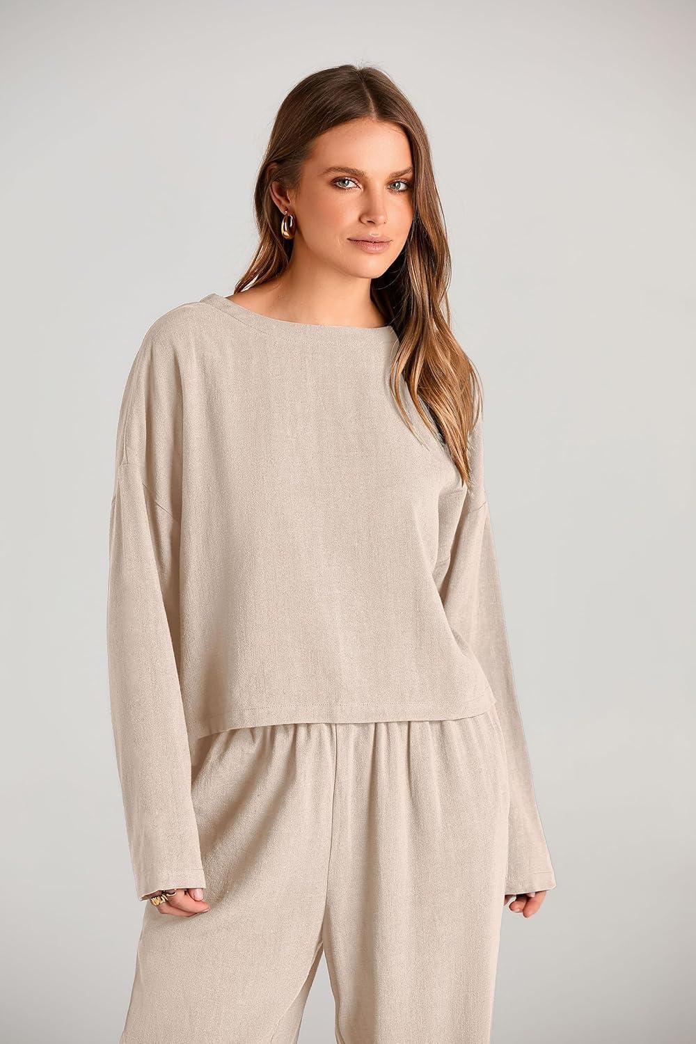 imagePRETTYGARDEN Womens 2024 Fall 2 Piece Outfit Tracksuits Casual Linen Long Sleeve Tops And Wide Leg Pants Lounge Sets BeigeLarge