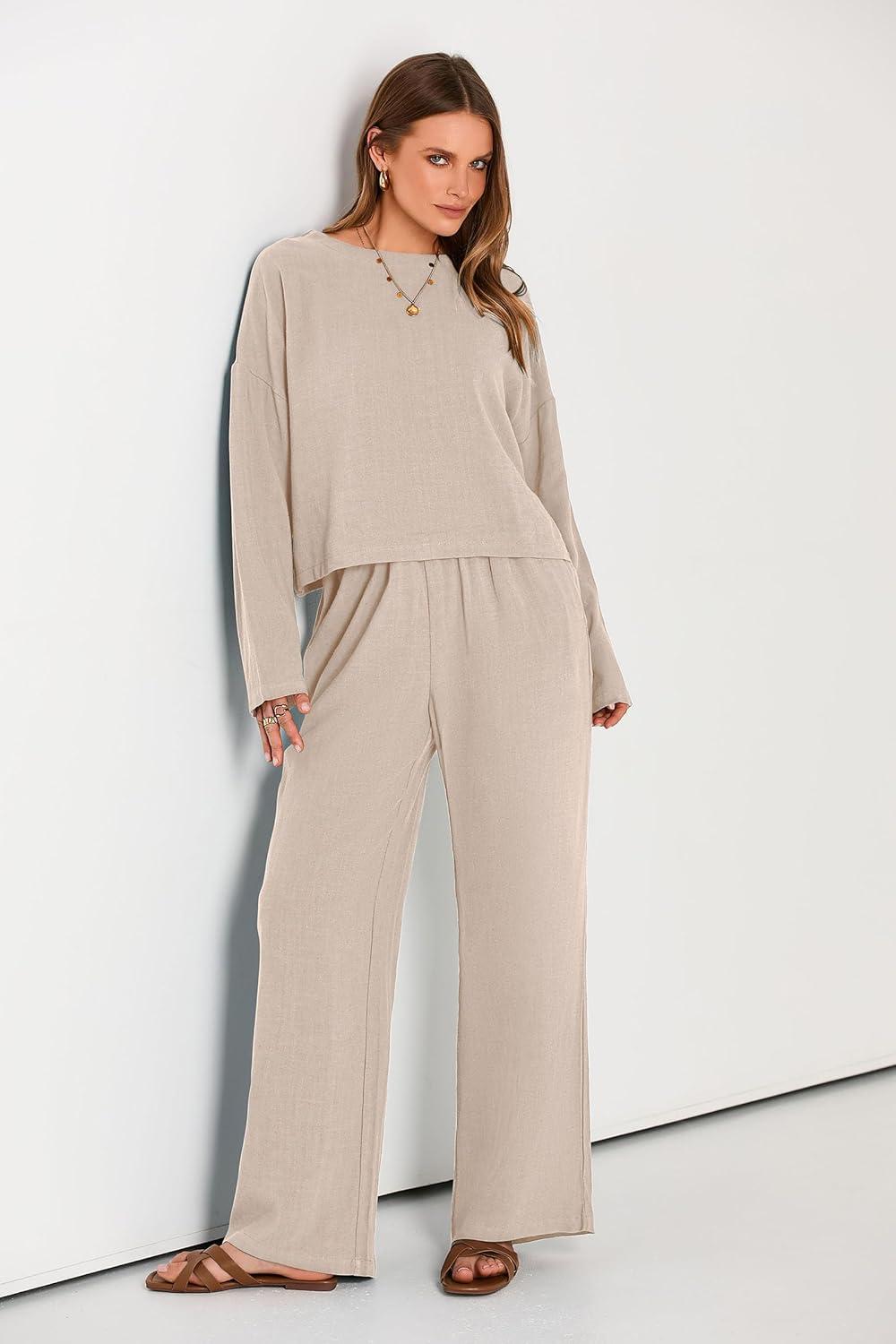 imagePRETTYGARDEN Womens 2024 Fall 2 Piece Outfit Tracksuits Casual Linen Long Sleeve Tops And Wide Leg Pants Lounge Sets BeigeLarge