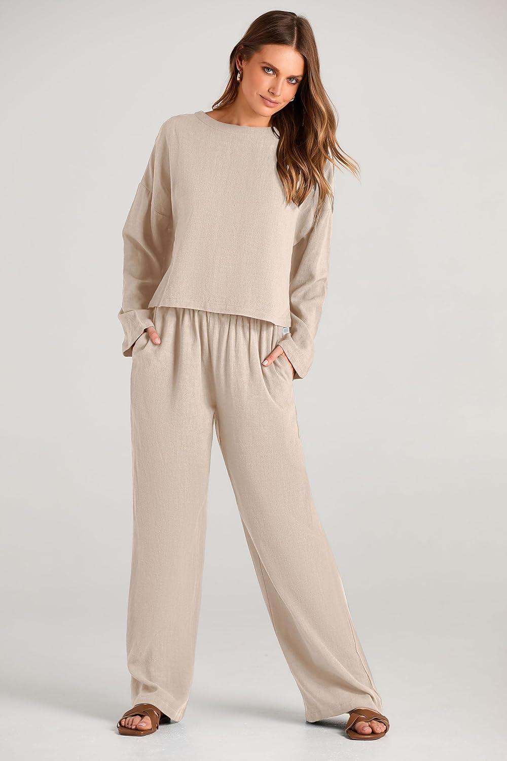 imagePRETTYGARDEN Womens 2024 Fall 2 Piece Outfit Tracksuits Casual Linen Long Sleeve Tops And Wide Leg Pants Lounge Sets BeigeLarge