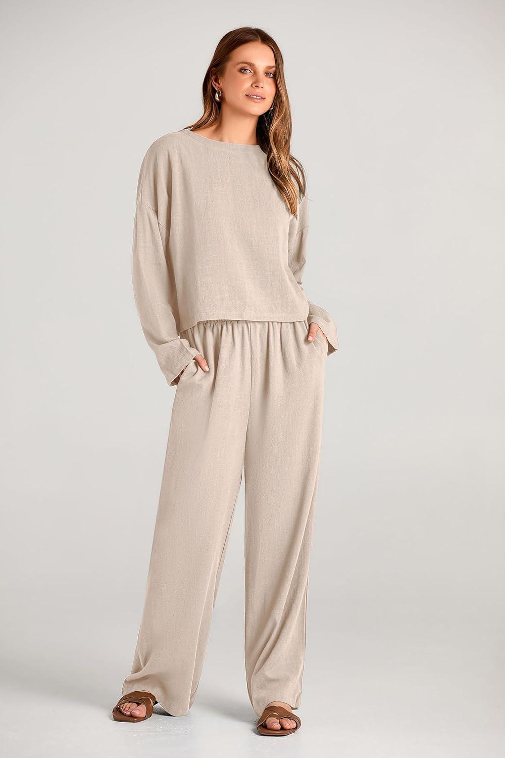 imagePRETTYGARDEN Womens 2024 Fall 2 Piece Outfit Tracksuits Casual Linen Long Sleeve Tops And Wide Leg Pants Lounge Sets BeigeLarge