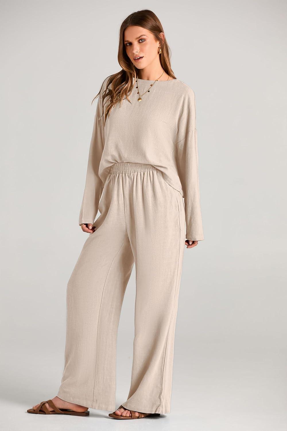 imagePRETTYGARDEN Womens 2024 Fall 2 Piece Outfit Tracksuits Casual Linen Long Sleeve Tops And Wide Leg Pants Lounge Sets BeigeLarge