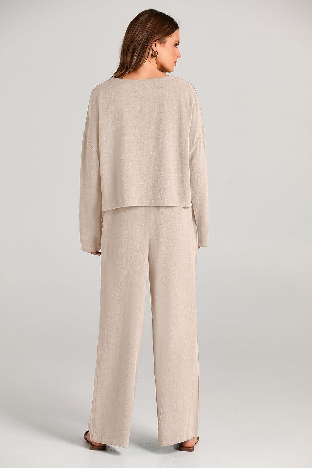 imagePRETTYGARDEN Womens 2024 Fall 2 Piece Outfit Tracksuits Casual Linen Long Sleeve Tops And Wide Leg Pants Lounge Sets BeigeLarge