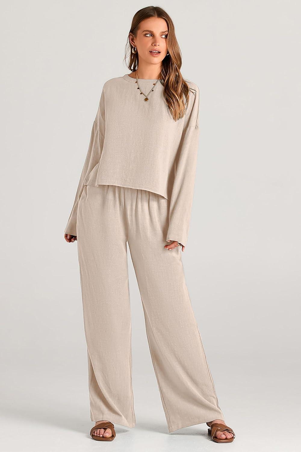 imagePRETTYGARDEN Womens 2024 Fall 2 Piece Outfit Tracksuits Casual Linen Long Sleeve Tops And Wide Leg Pants Lounge Sets BeigeLarge