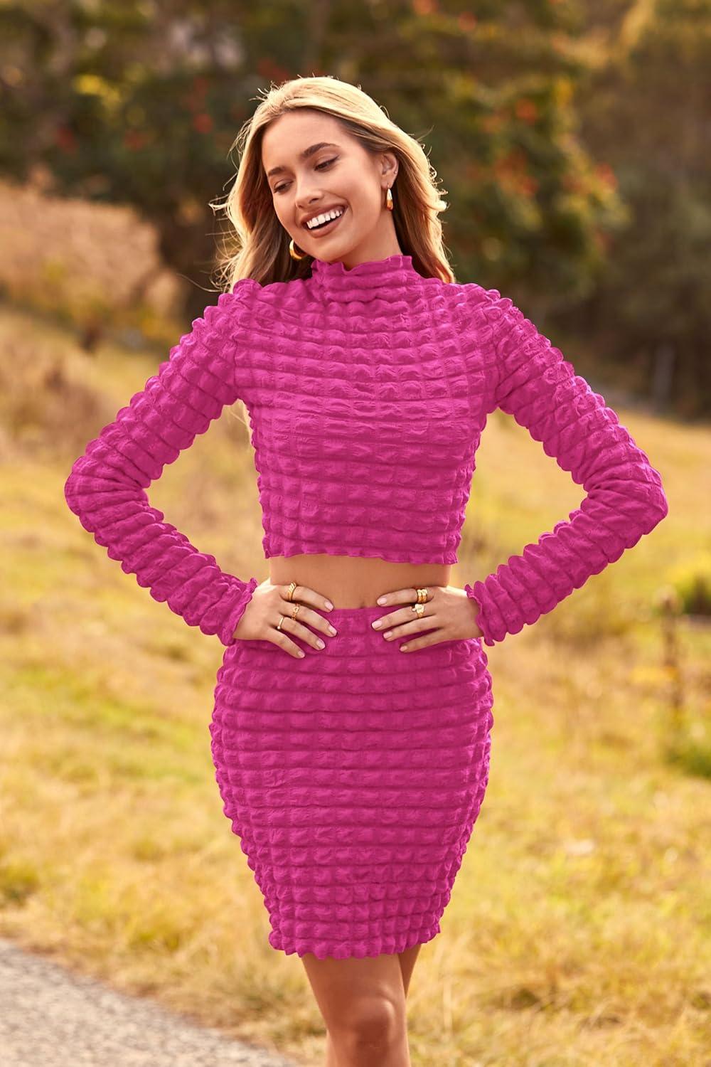 imagePRETTYGARDEN Womens 2024 Fall 2 Piece Outfits Mock Neck Crop Tops and Bodycon Mini Skirt Dress Sets