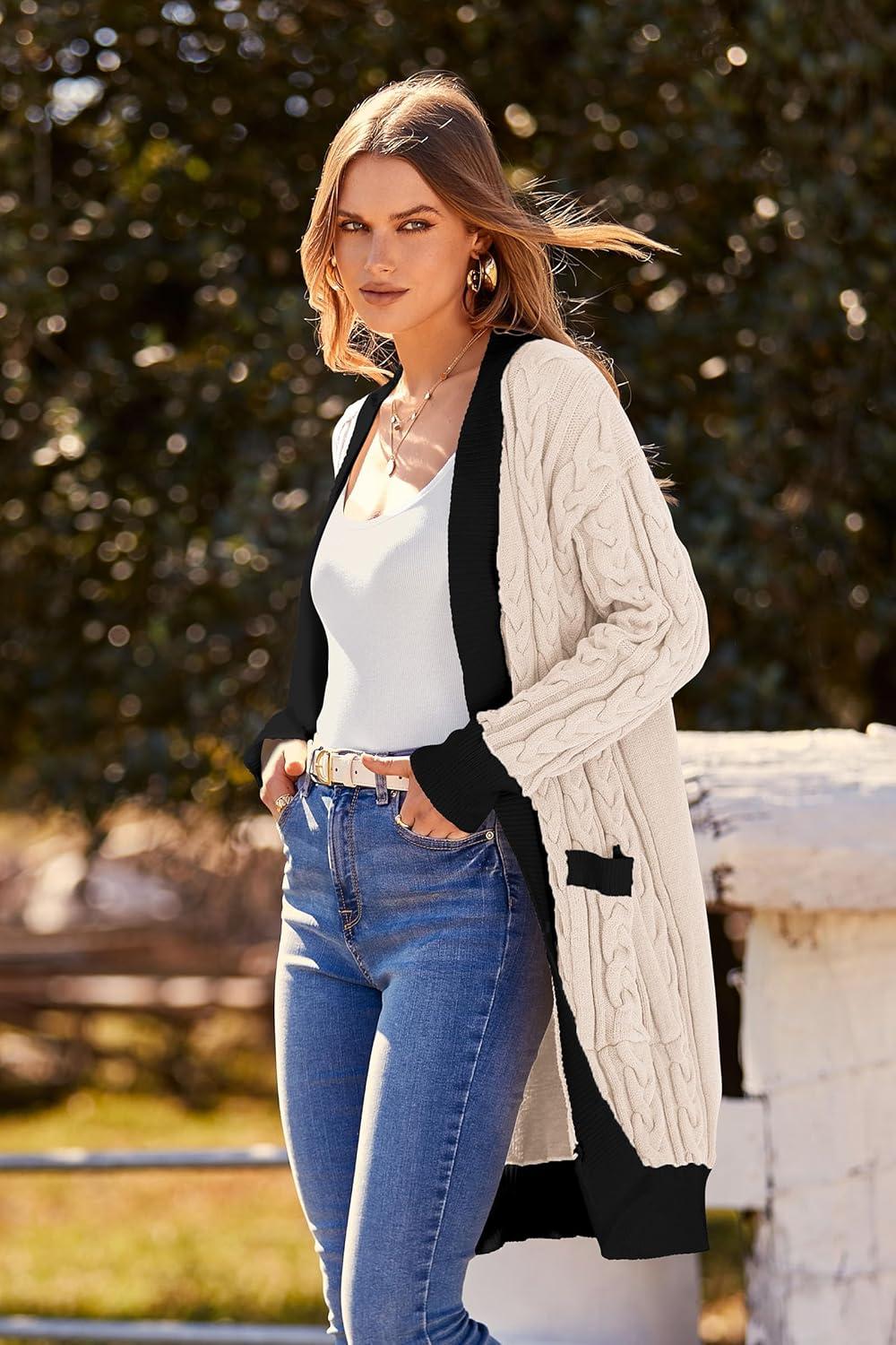 imagePRETTYGARDEN Womens 2024 Fall Cable Knit Cardigan Sweaters Casual Long Sleeve Open Front Loose Outerwear Coats BeigeMedium