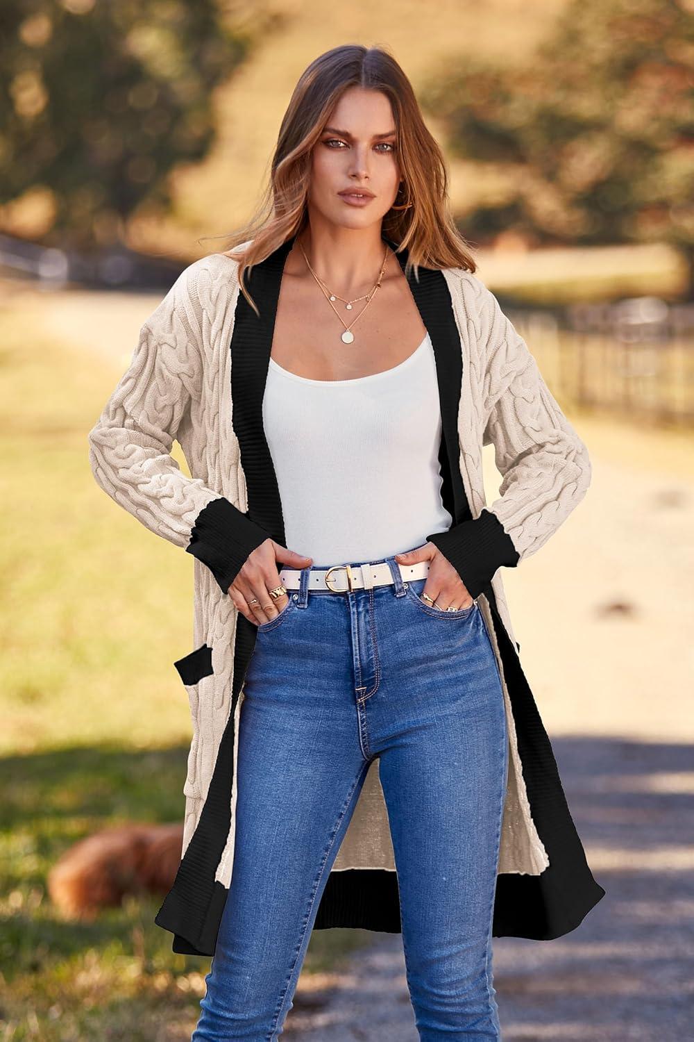 imagePRETTYGARDEN Womens 2024 Fall Cable Knit Cardigan Sweaters Casual Long Sleeve Open Front Loose Outerwear Coats BeigeMedium