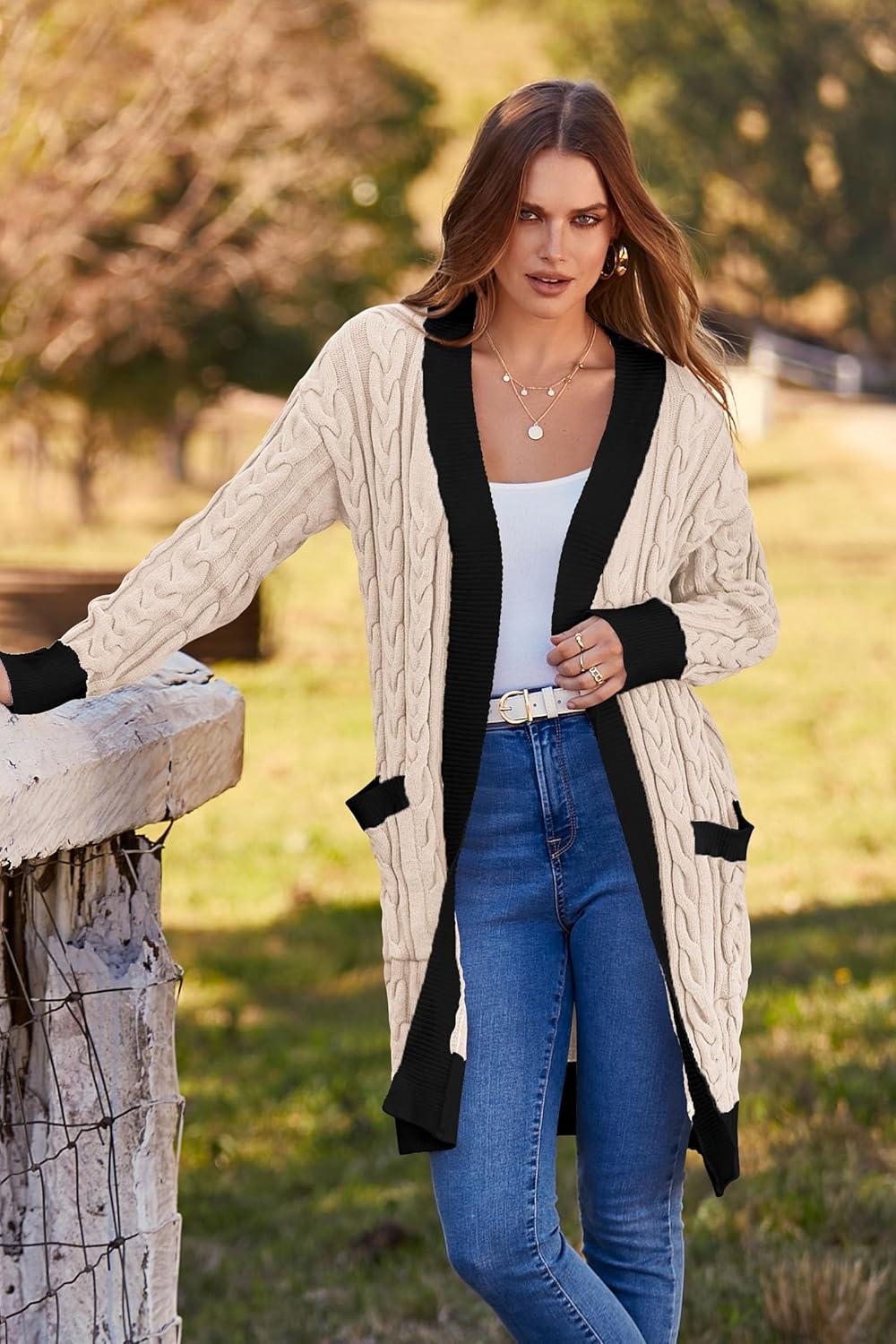 imagePRETTYGARDEN Womens 2024 Fall Cable Knit Cardigan Sweaters Casual Long Sleeve Open Front Loose Outerwear Coats BeigeMedium