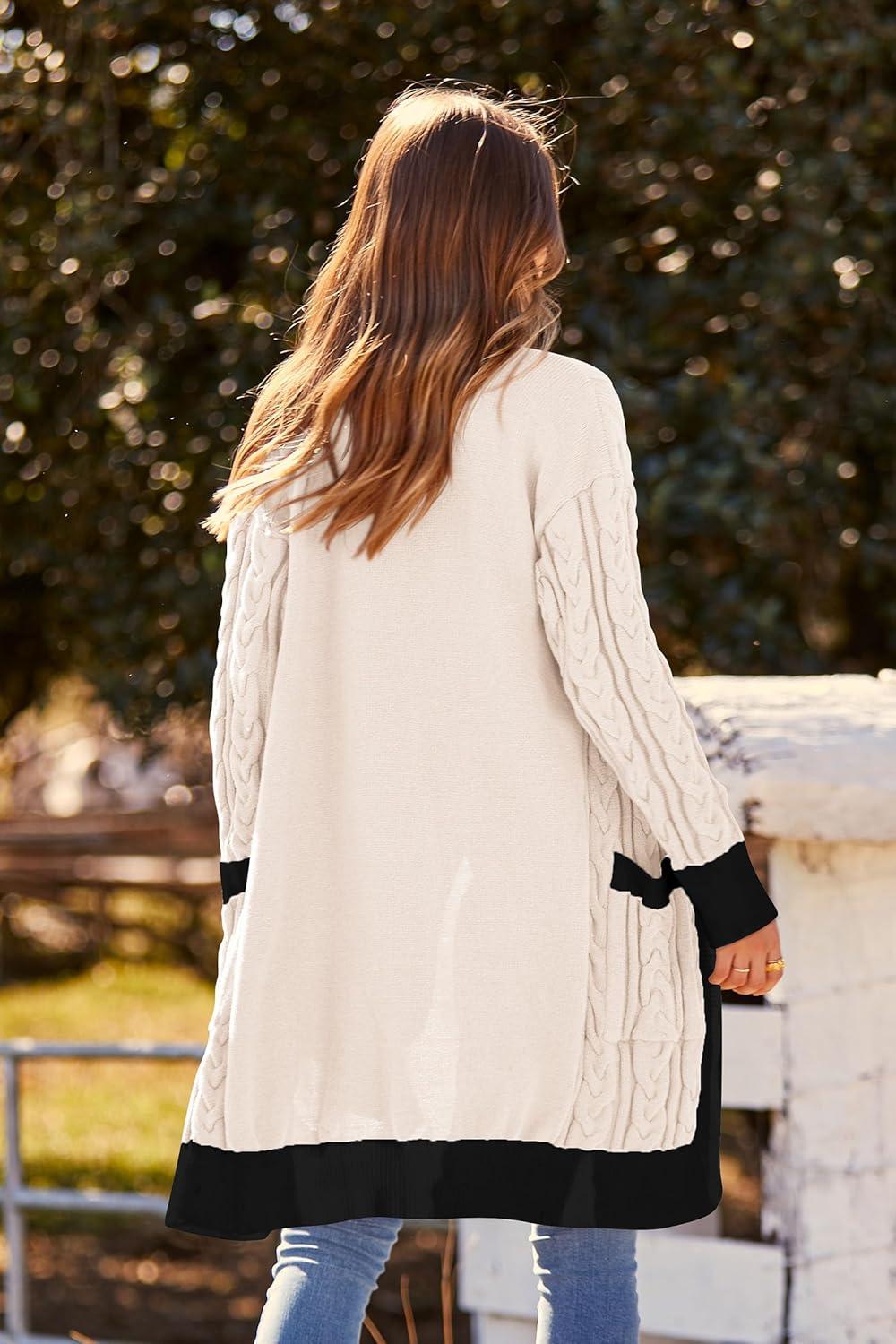 imagePRETTYGARDEN Womens 2024 Fall Cable Knit Cardigan Sweaters Casual Long Sleeve Open Front Loose Outerwear Coats BeigeMedium